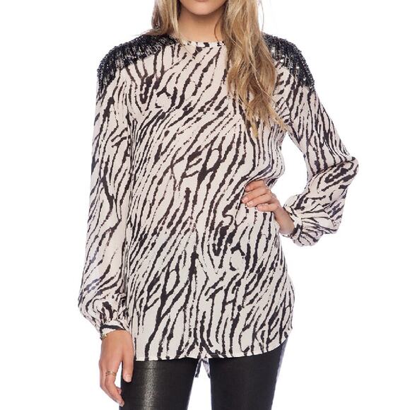 Haute Hippie Small S Silk Zebra Printed Long Sleeve Blouse Sequin Buff Black - Picture 13 of 15